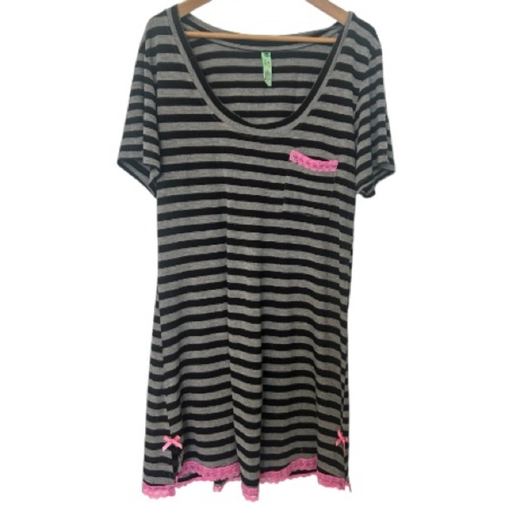 Honeydew Intimates Black and Gray Striped Top Nightgown Pink Lace Size Large